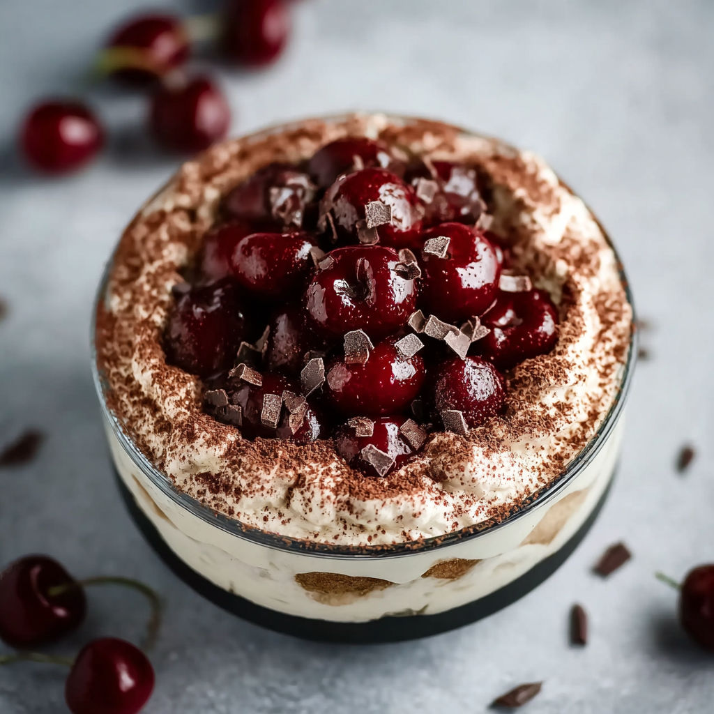 A dessert with chocolate and cherries.
