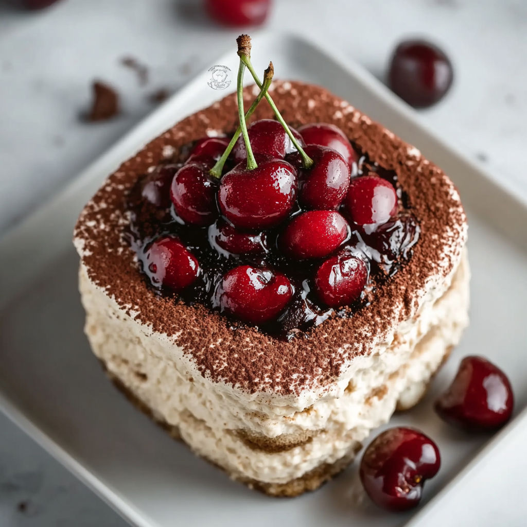 A dessert with chocolate and cherries.