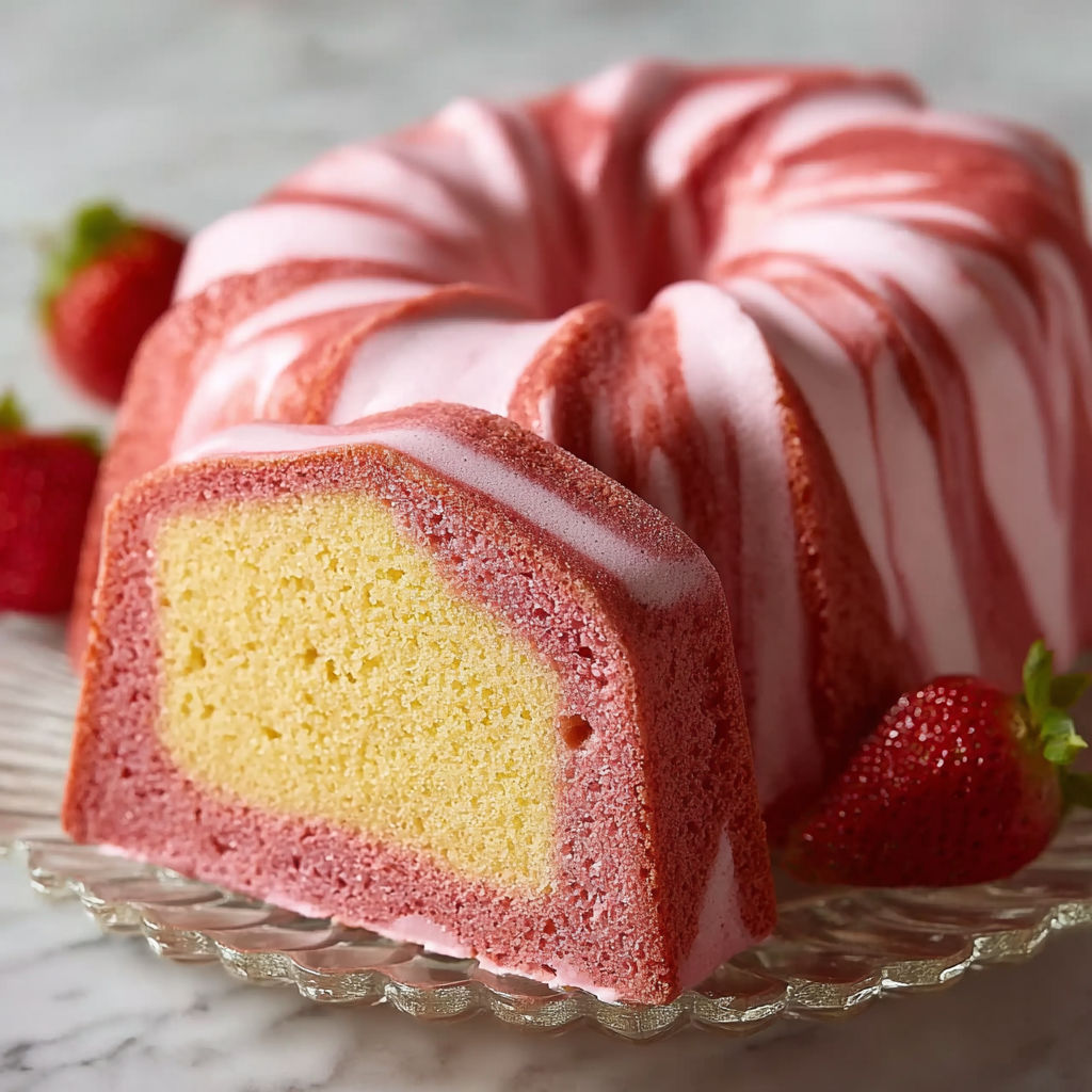 A cake with a pink and white striped pattern.