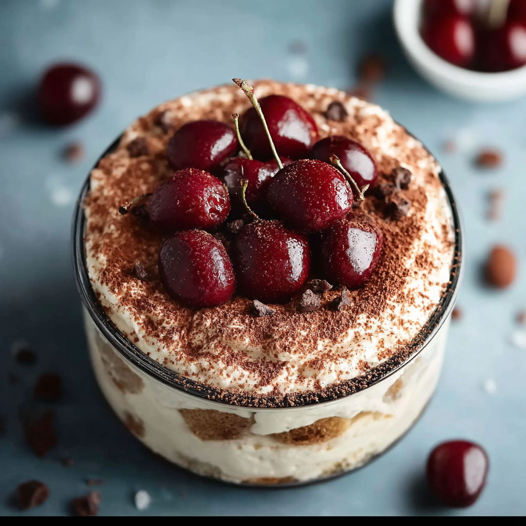 A dessert with chocolate and cherries.