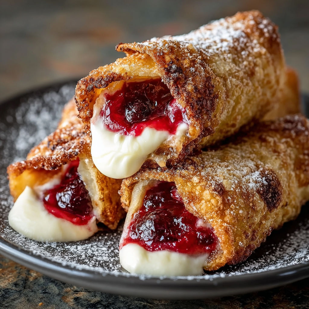 A plate of homemade air fryer cherry cheesecake egg rolls.