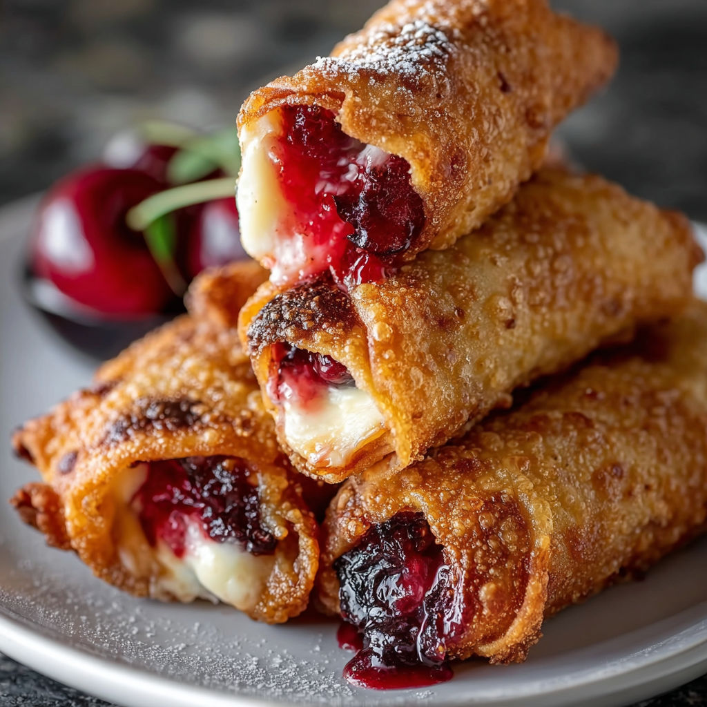 Homemade air fryer cherry cheesecake egg rolls.