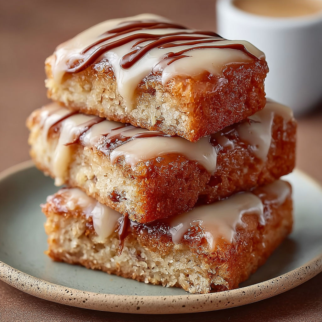 A stack of three cake slices with icing.