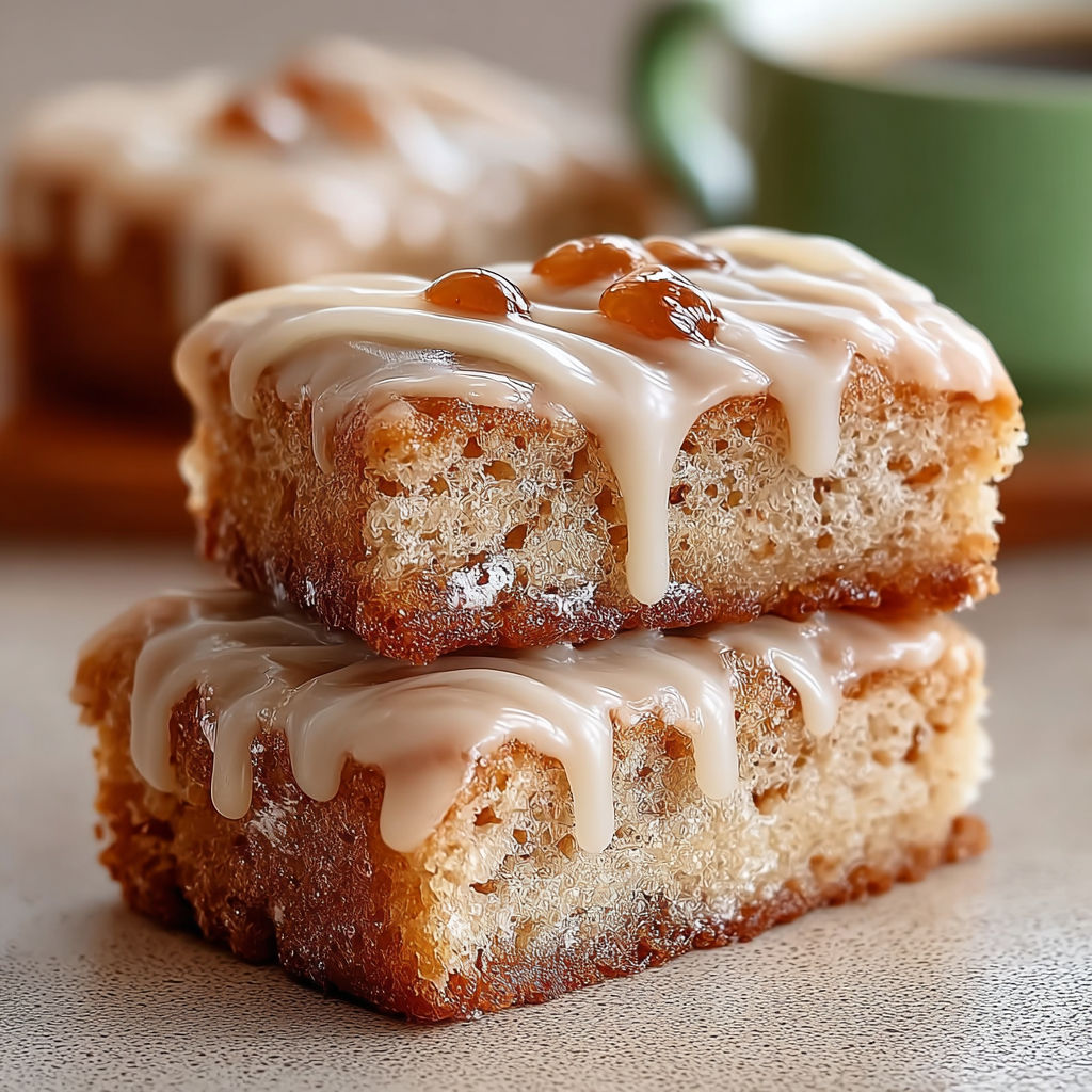 A stack of cake with icing.