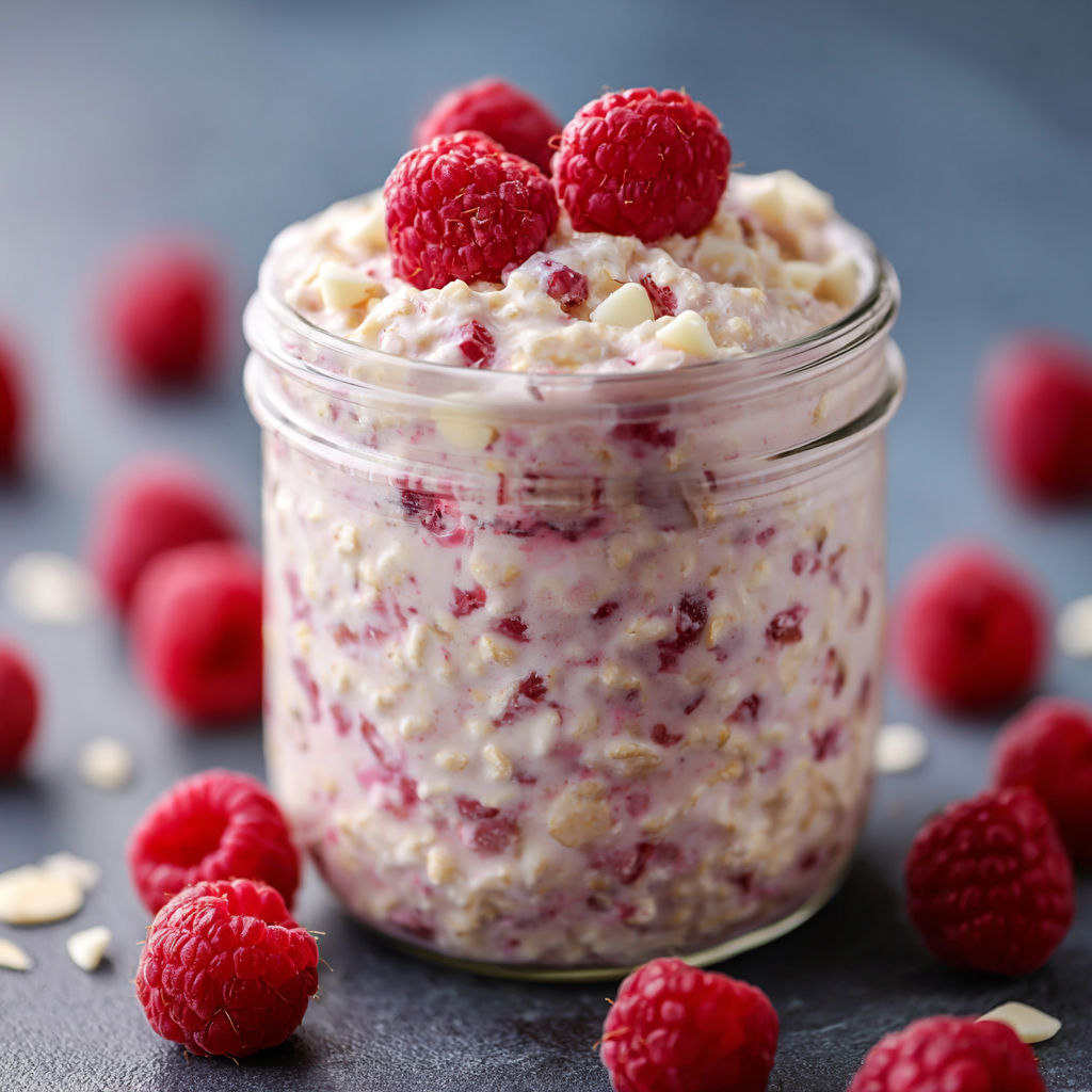 A jar of raspberry yogurt with raspberries on top.