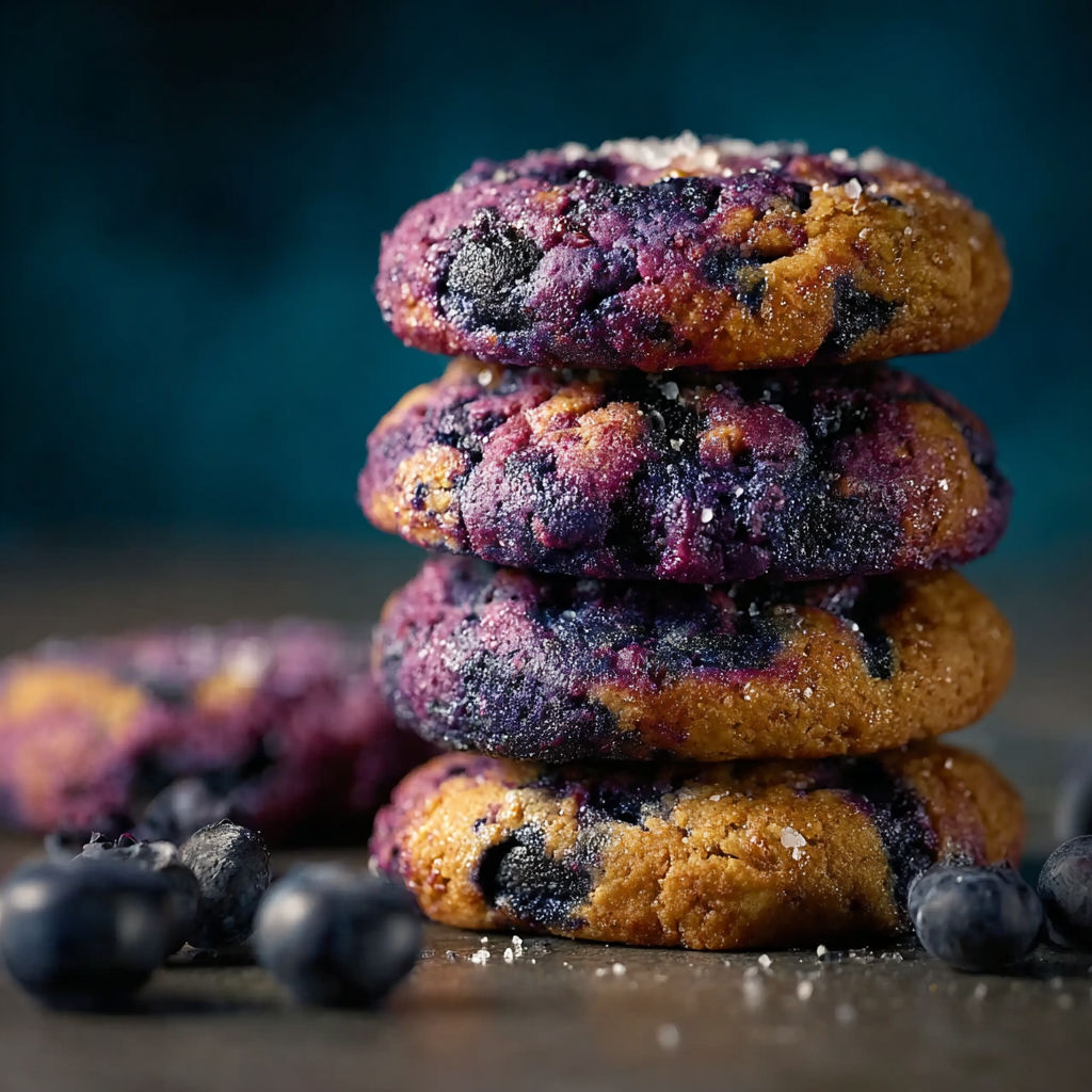 A stack of purple cookies with blueberries on top.