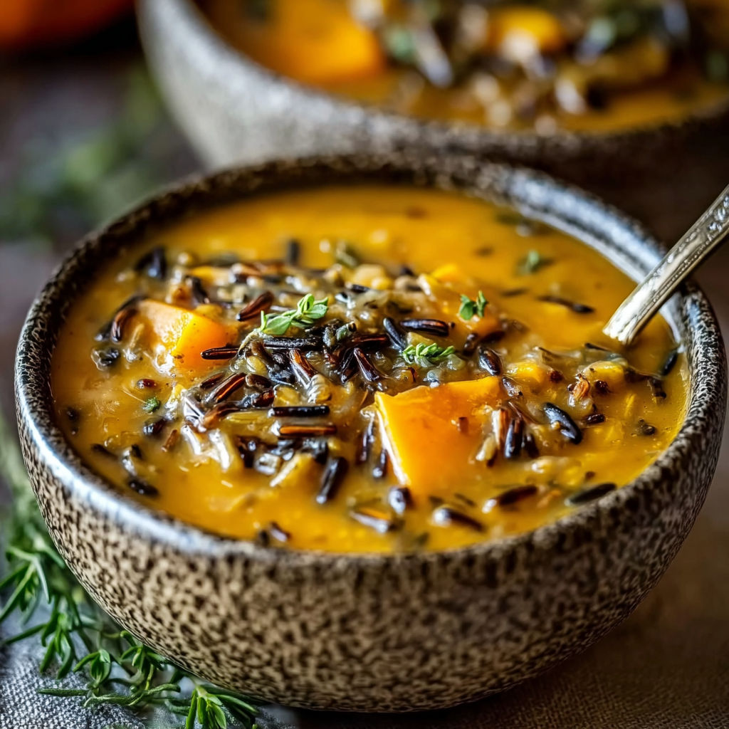A bowl of soup with pumpkin and wild rice.