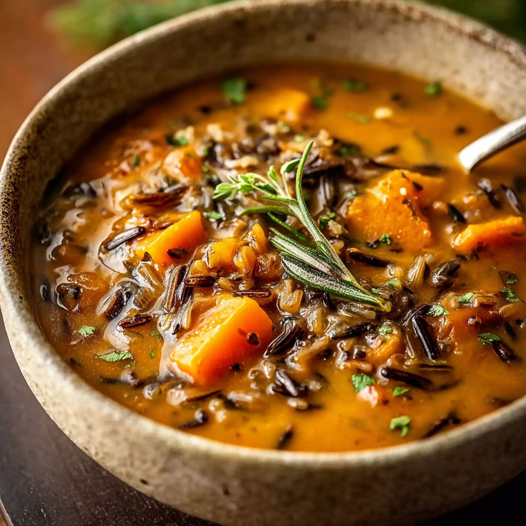 A bowl of soup with a spoon in it.