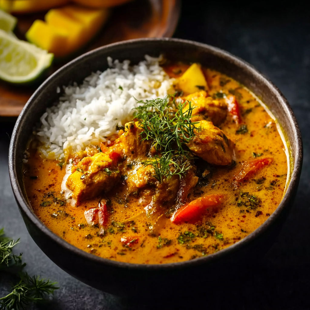 A bowl of mango chicken curry with rice and herbs.