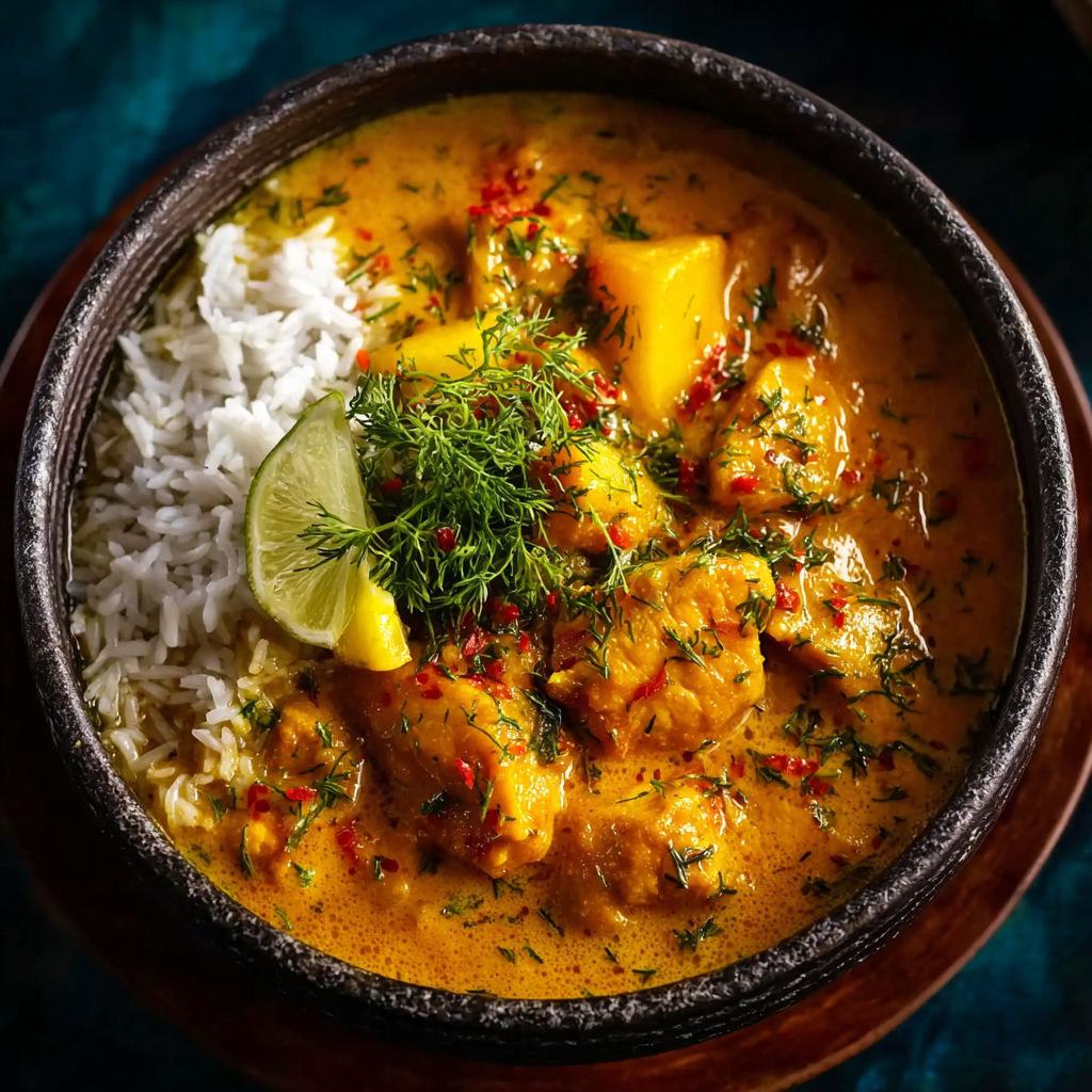 A bowl of mango chicken curry.
