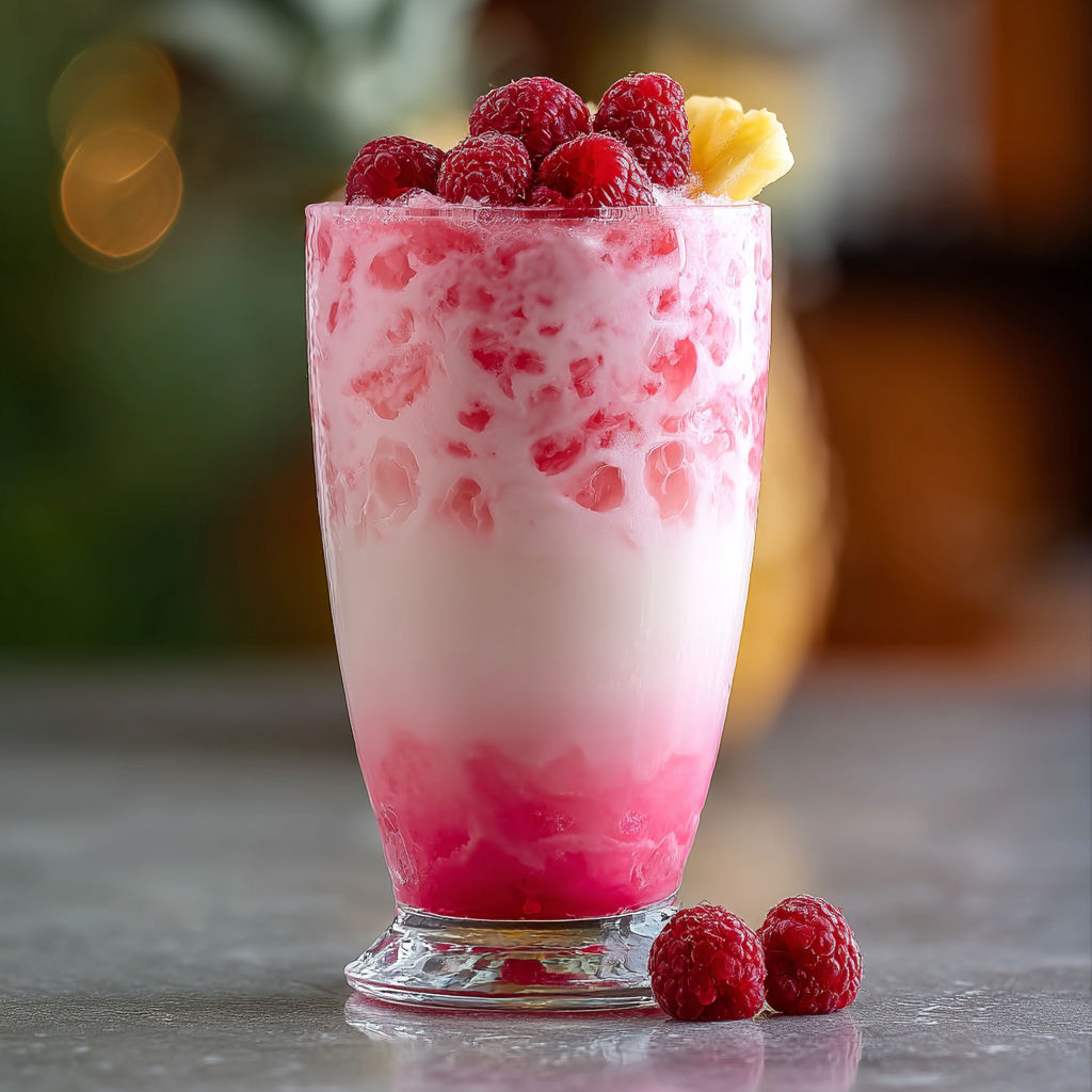 A glass of pink and white drink with a raspberry on top.