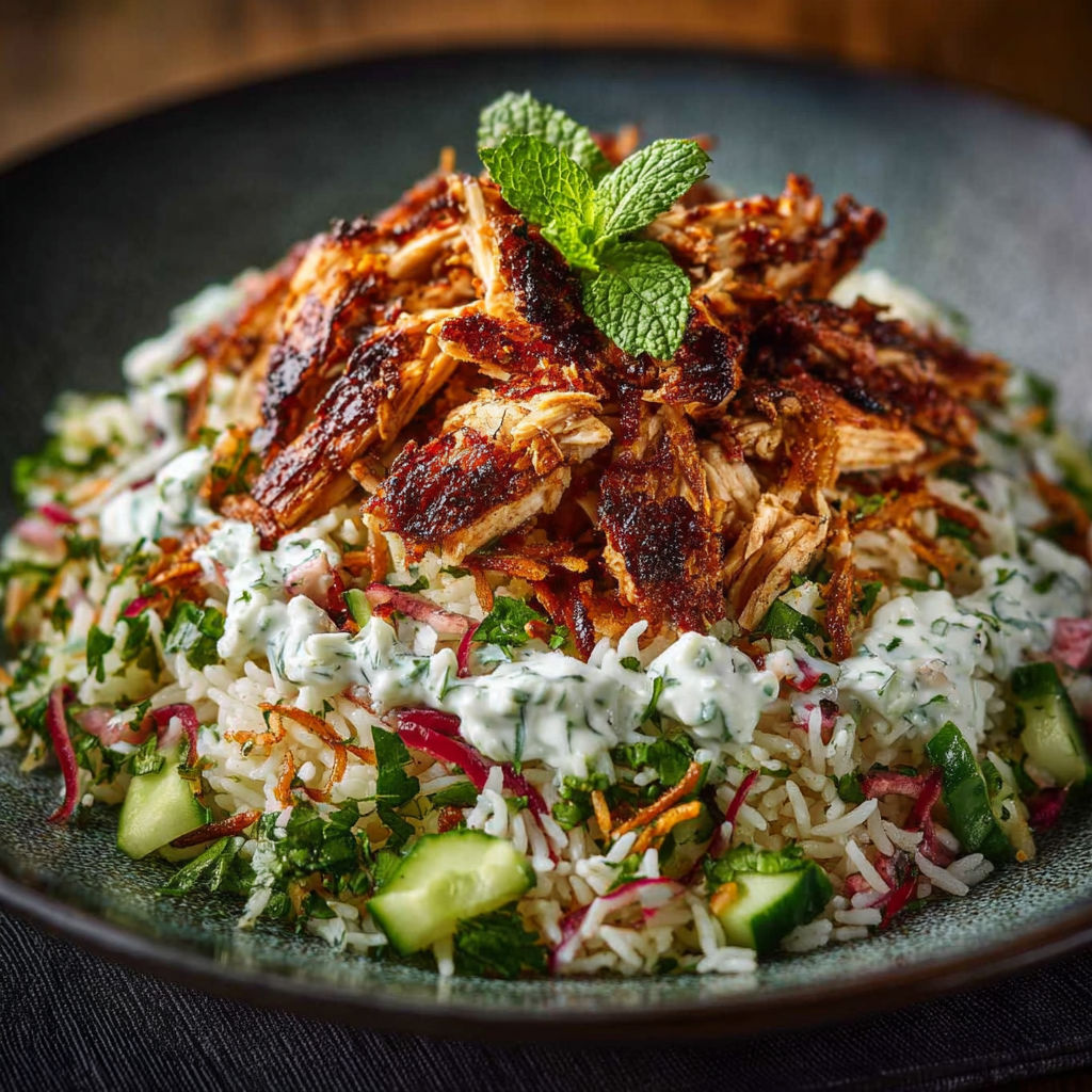 A plate of chicken shawarma crispy rice salad.