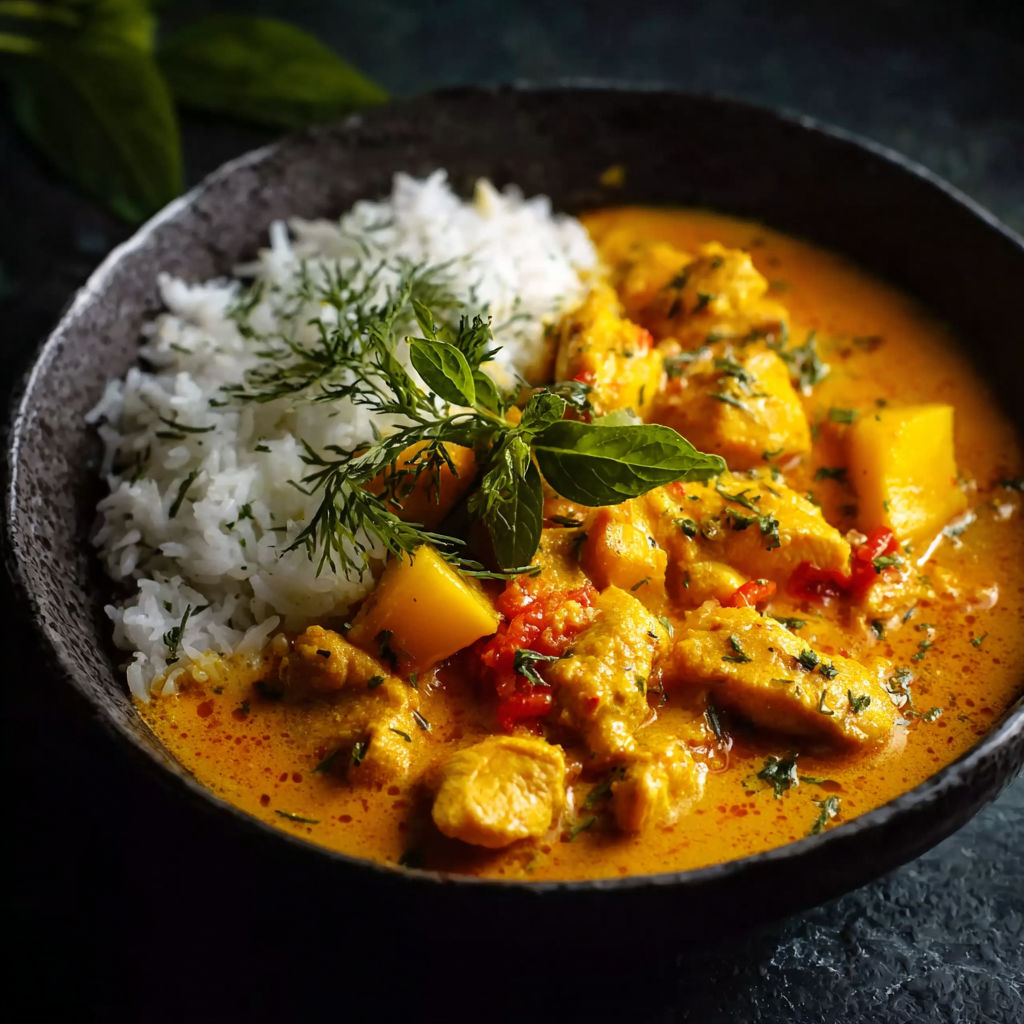 A bowl of mango chicken curry with rice.
