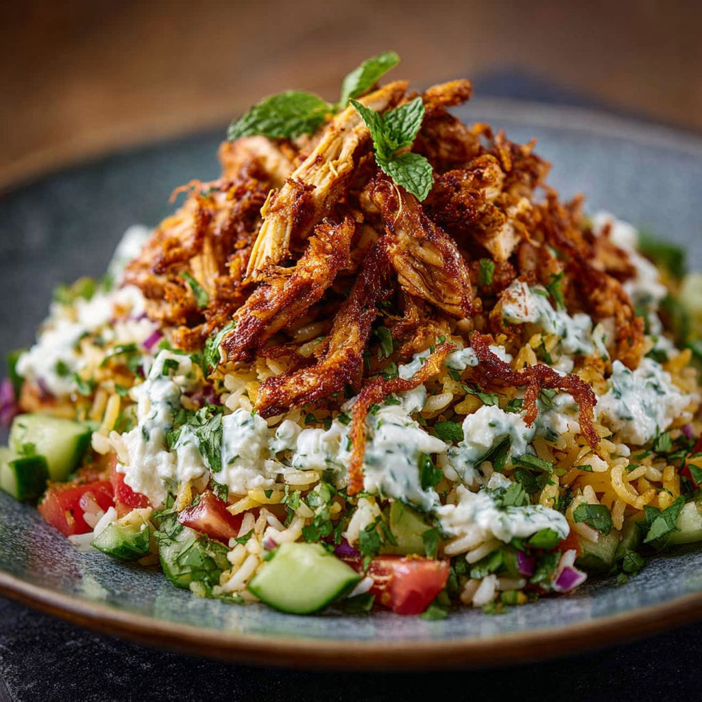 A plate of chicken shawarma crispy rice salad.