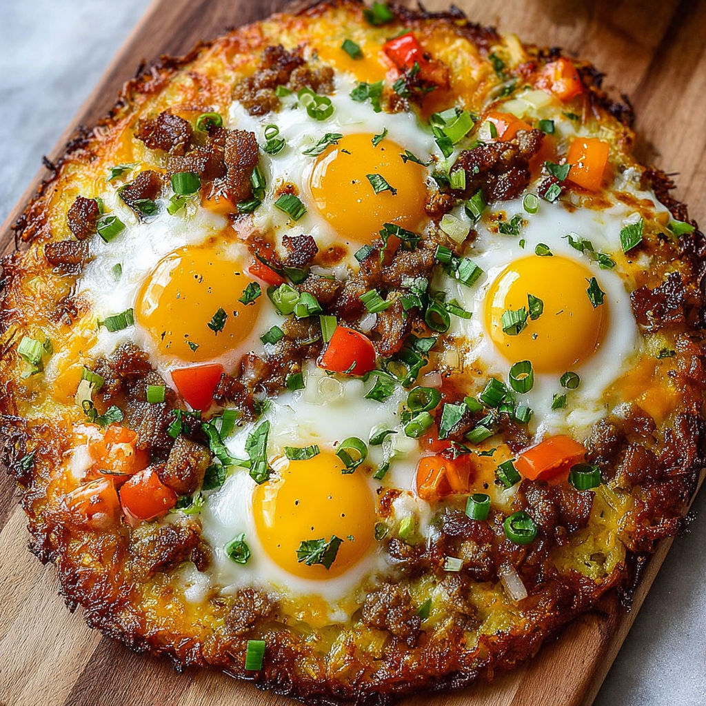 A pizza with eggs and vegetables on top.