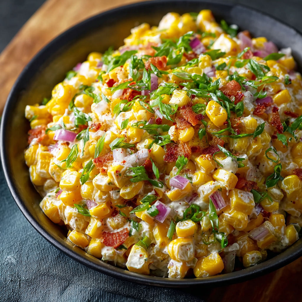 A bowl of corn salad with green onions.