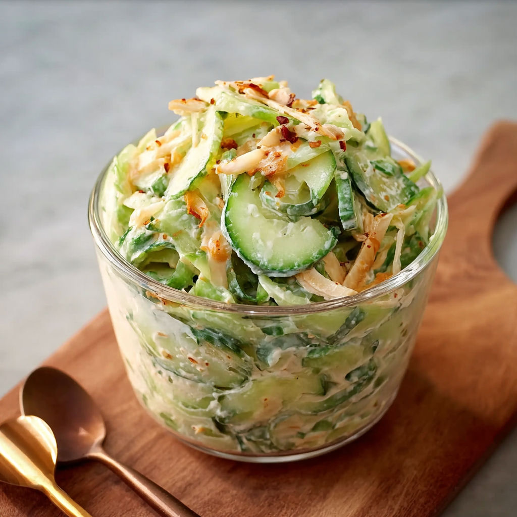 A bowl of cucumber salad with a spoon on the side.