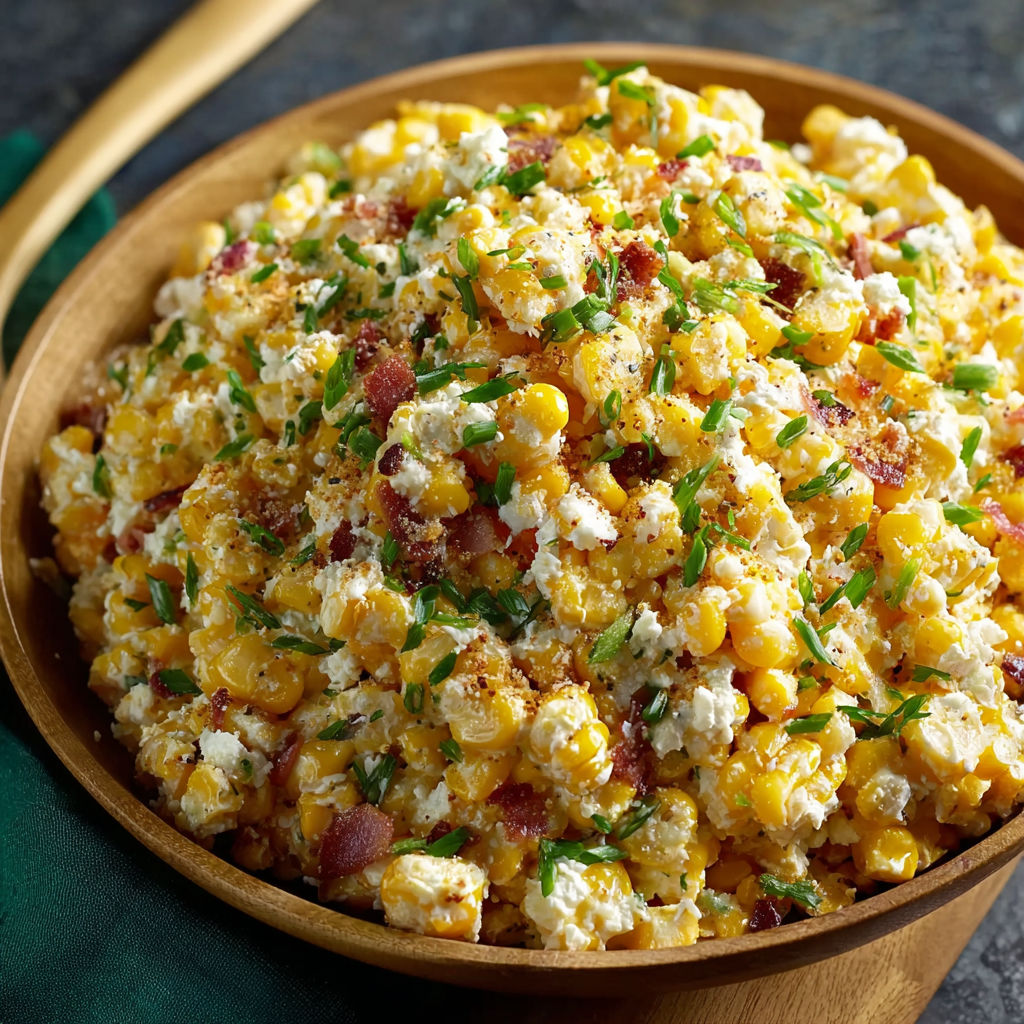 A bowl of corn with bacon bits and cheese.