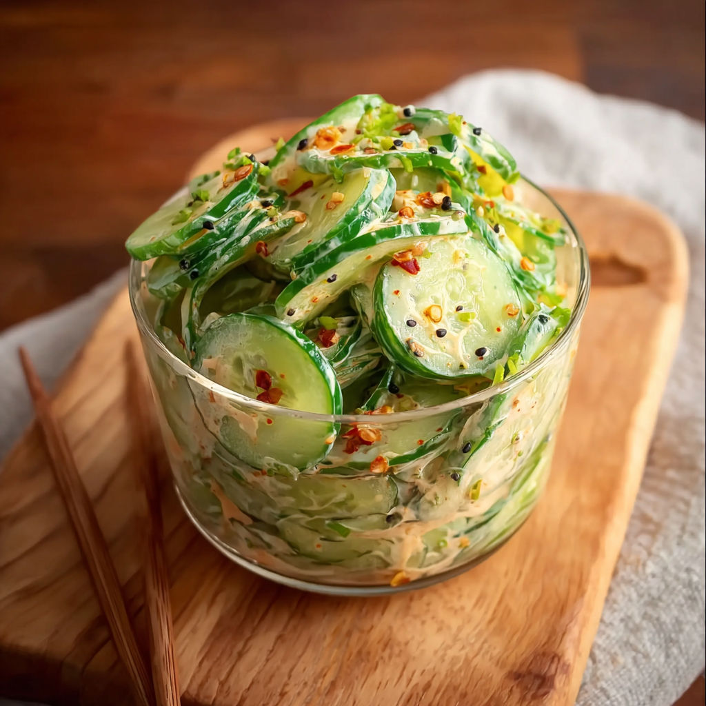 A glass bowl filled with cucumber salad.