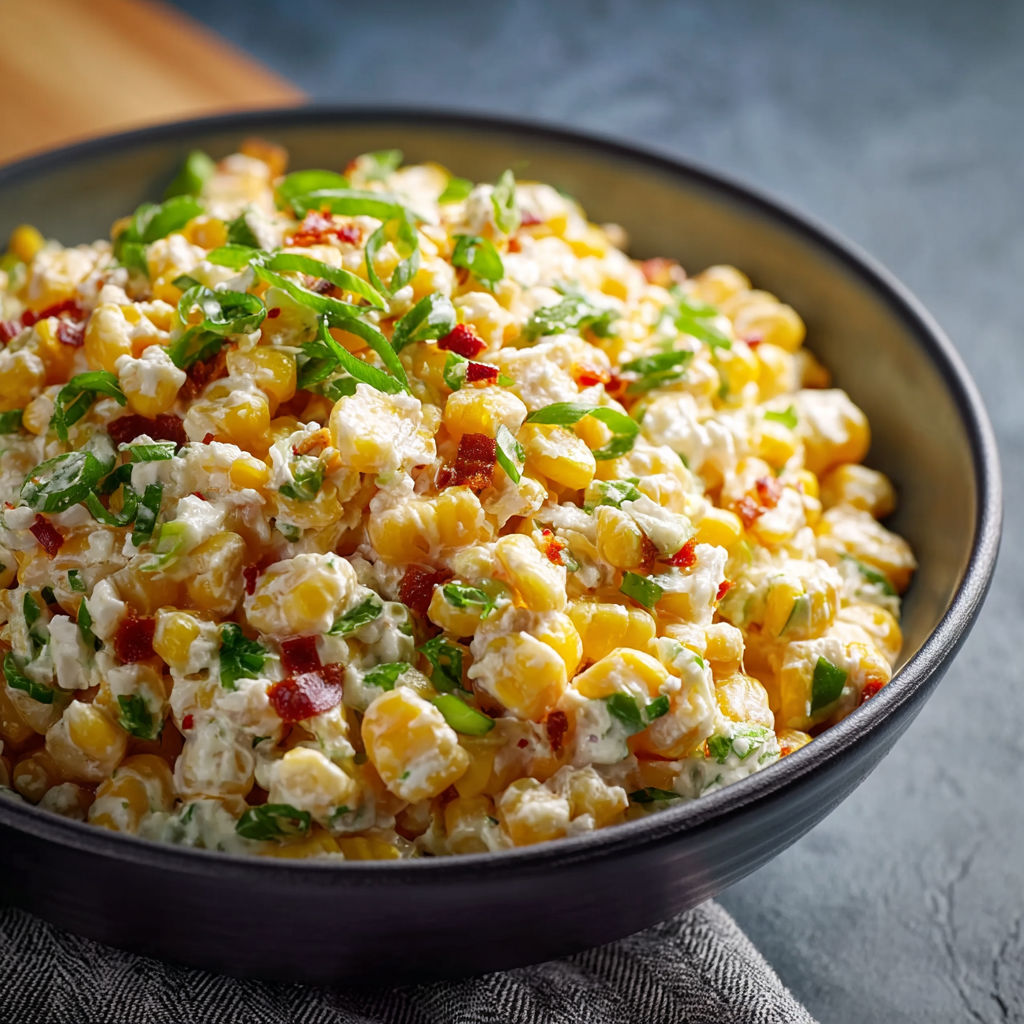 A bowl of food with corn and bacon.