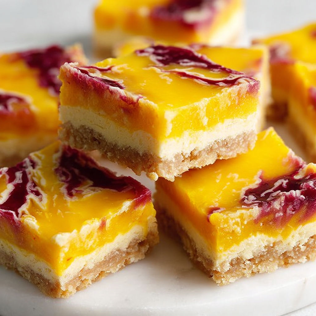 A plate of mango bars with raspberry swirl.