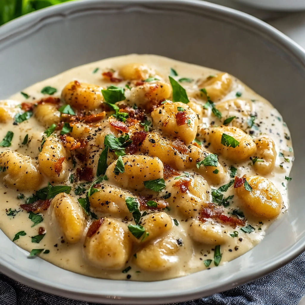 A bowl of gnocchi with a creamy sauce.