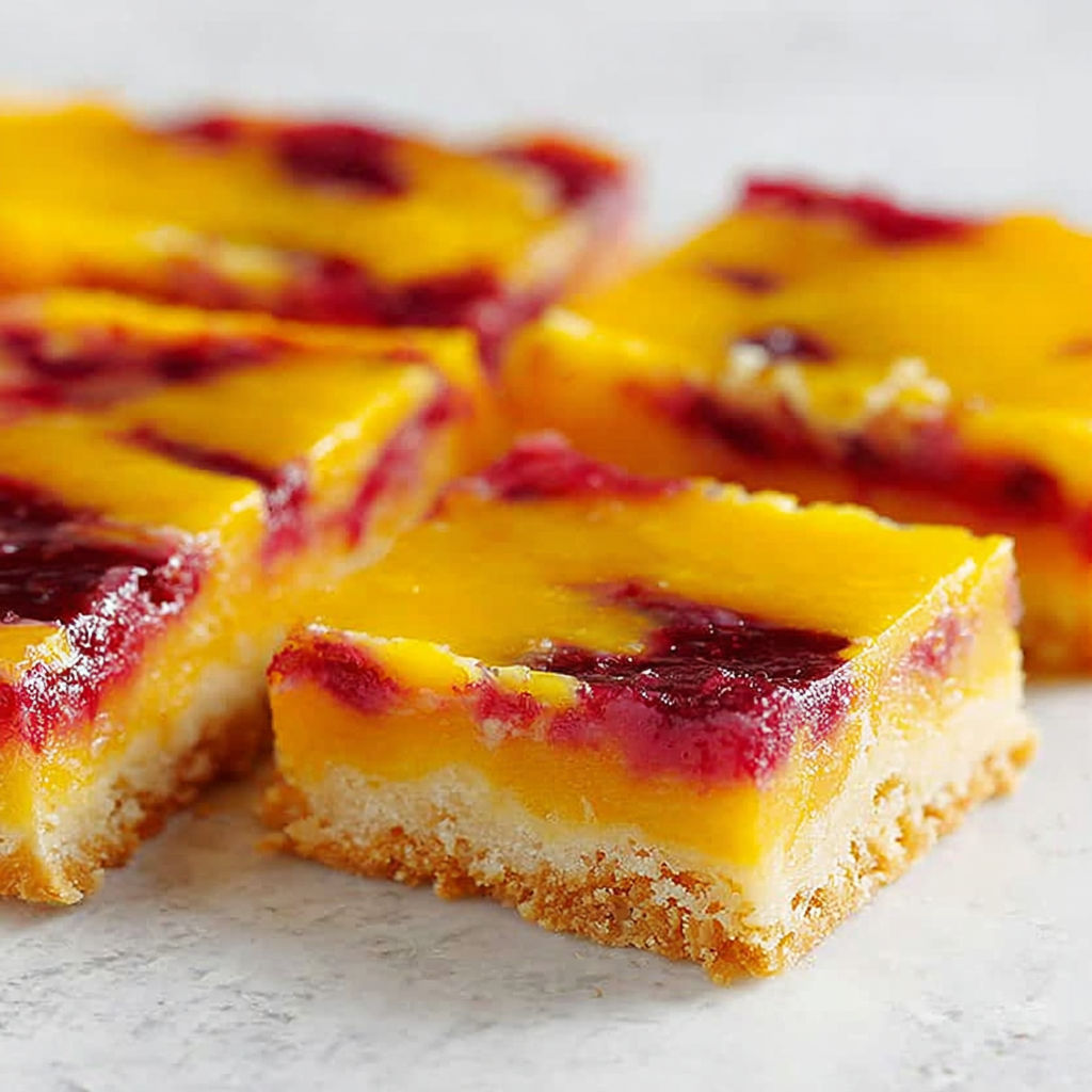 A square of cake with a yellow and red filling.