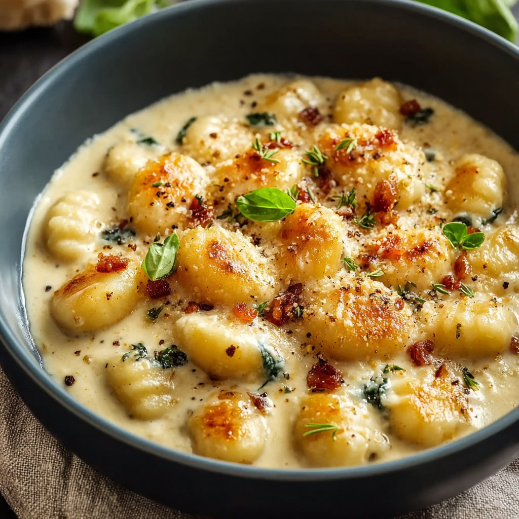 A bowl of pasta with cheese and bacon.