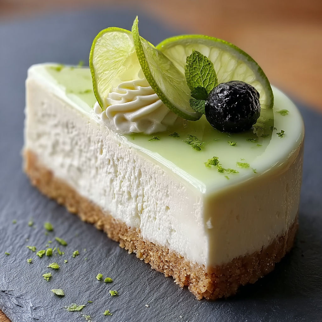 A slice of lime mousse cheesecake on a plate.