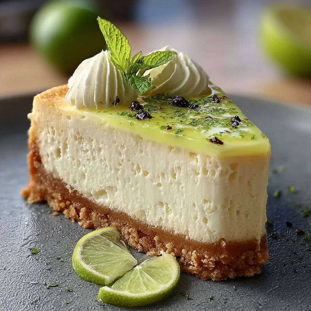 A slice of cheesecake with mint leaves on top.