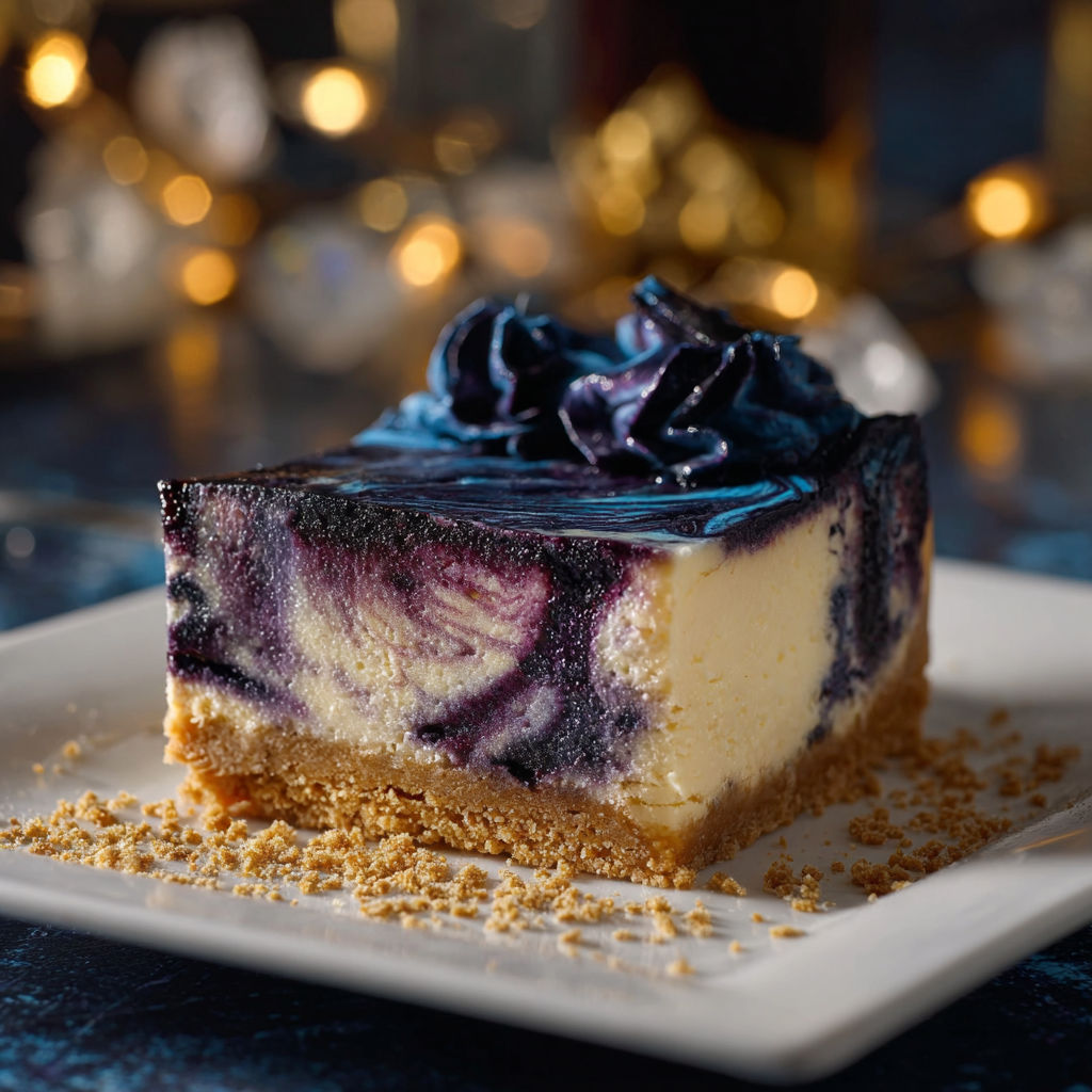 A slice of Ravenclaw Midnight Blueberry Cheesecake.