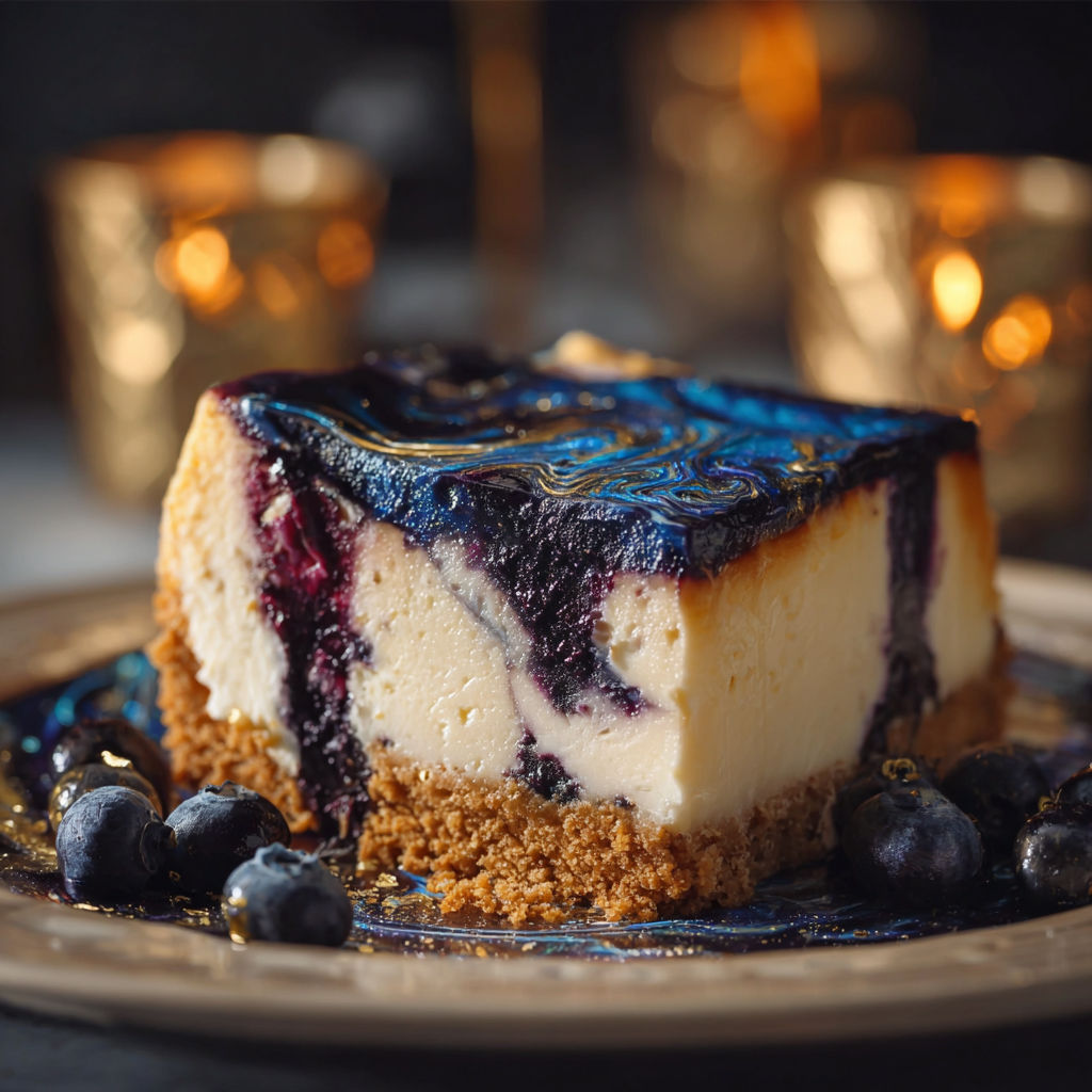 A slice of blueberry cheesecake with a blueberry on top.