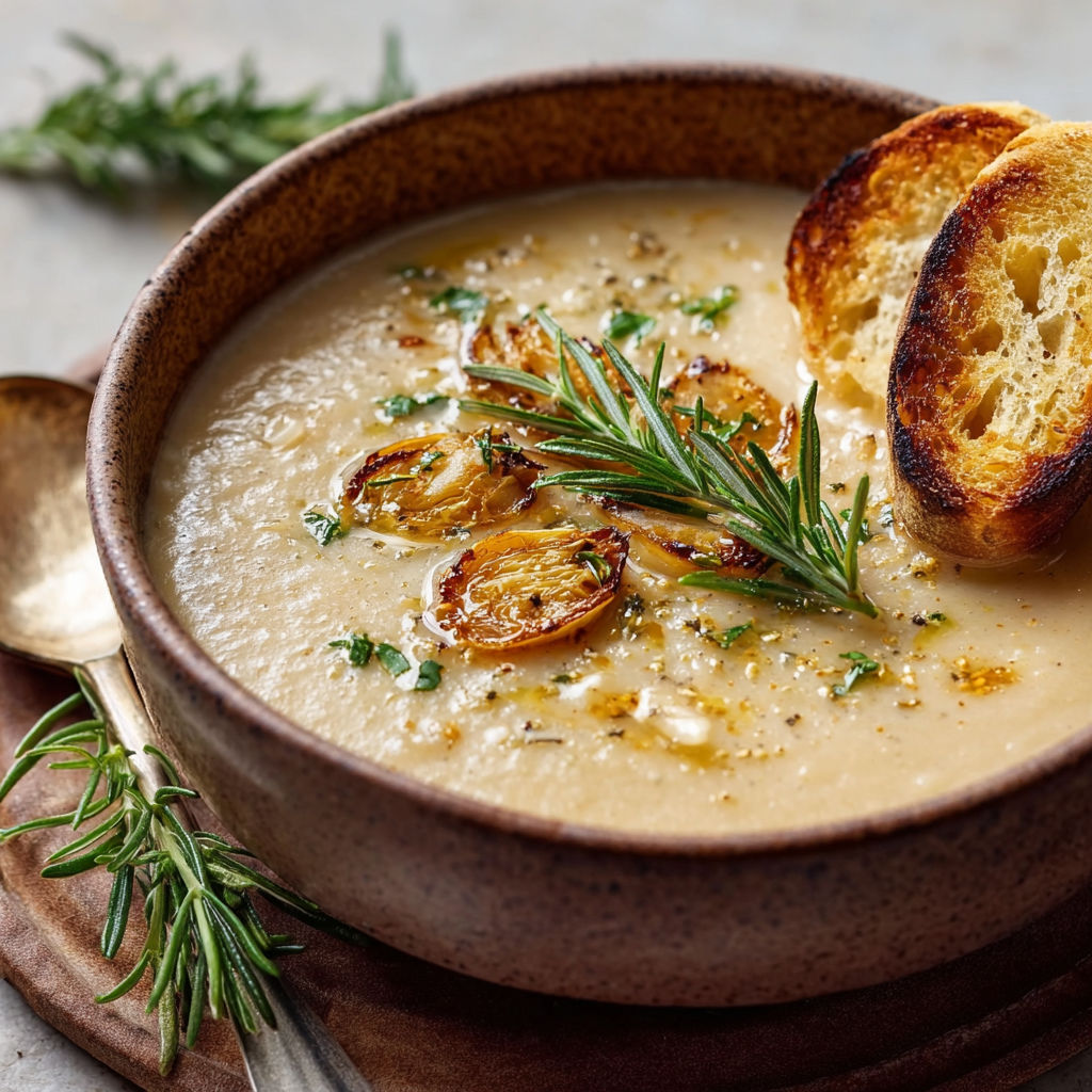 A bowl of soup with roasted garlic and rosemary.
