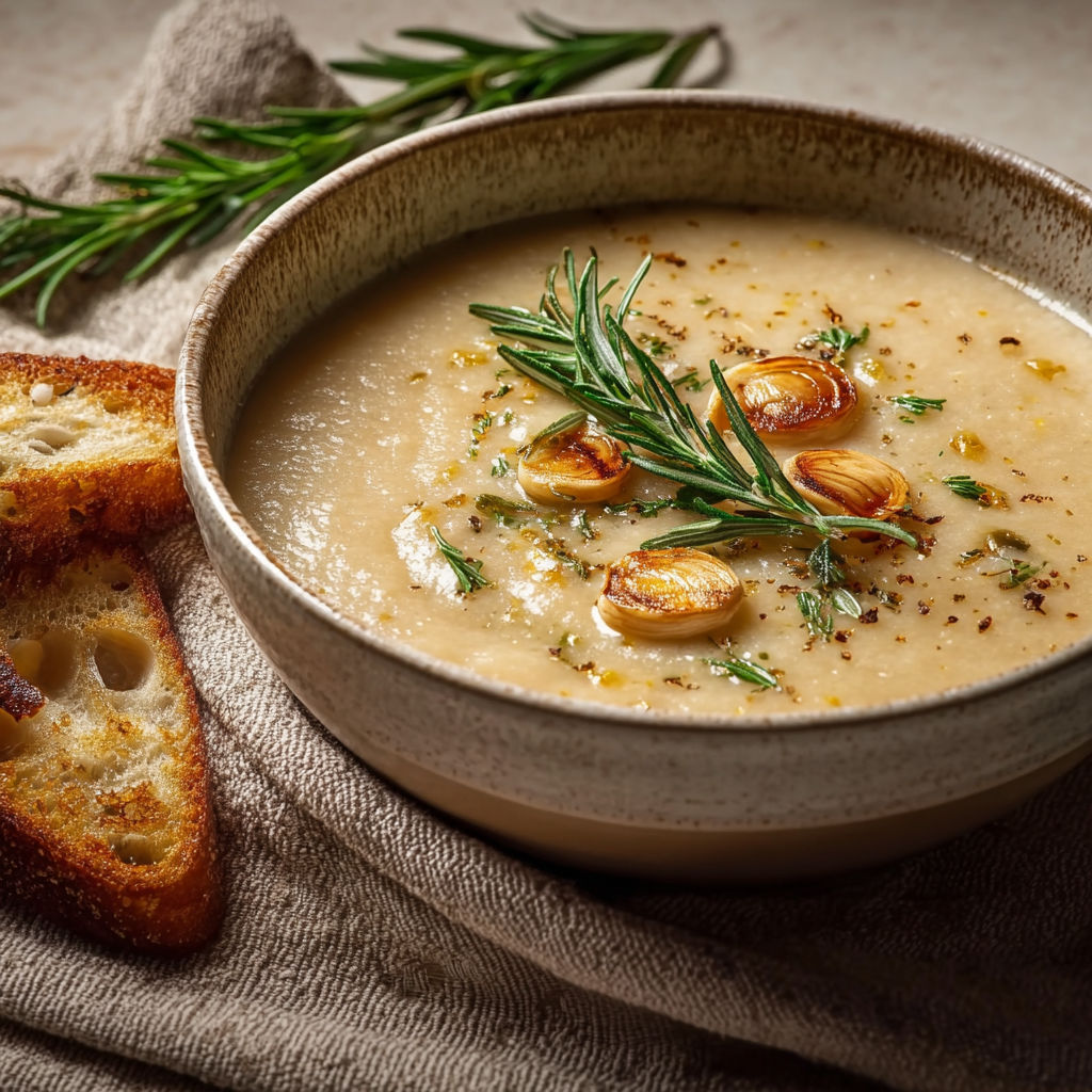 A bowl of soup with rosemary and garlic.