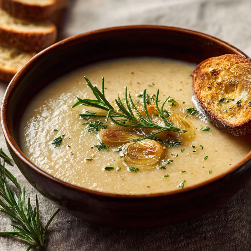 A bowl of soup with roasted garlic and rosemary.