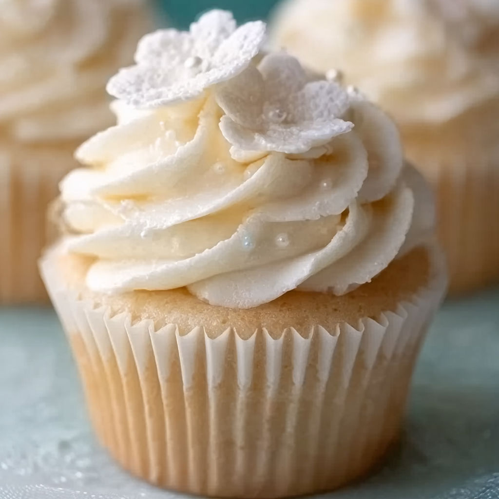A white cupcake with white frosting and a flower on top.