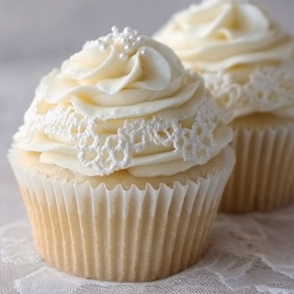 Two cupcakes with white frosting and white flowers.