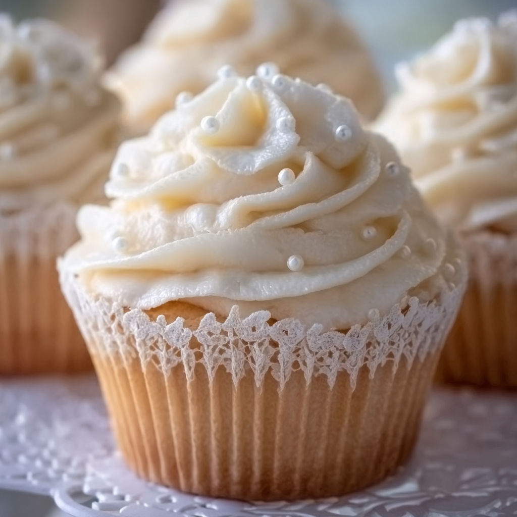 A cupcake with white frosting and pearls on top.