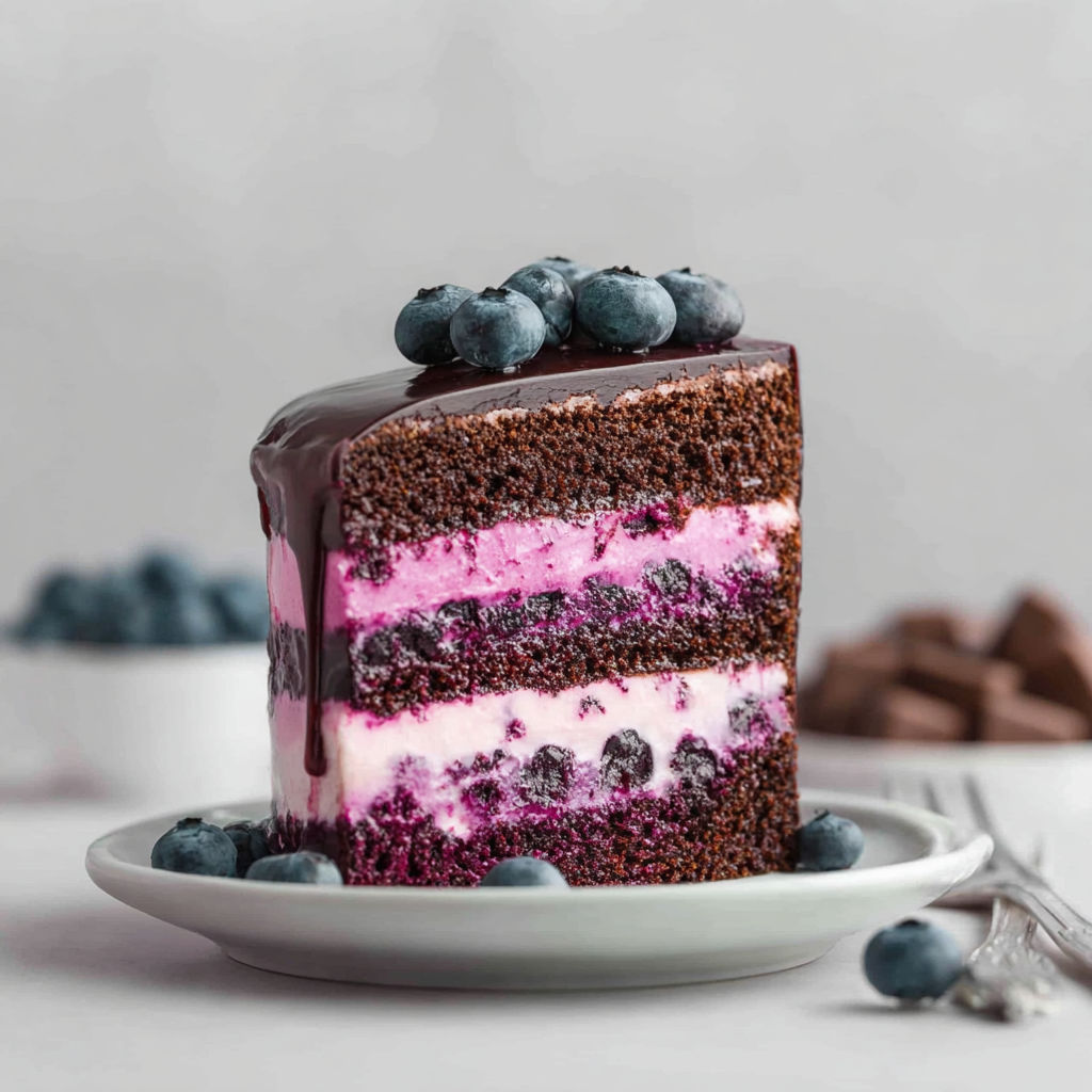 A slice of layered blueberry chocolate cake.