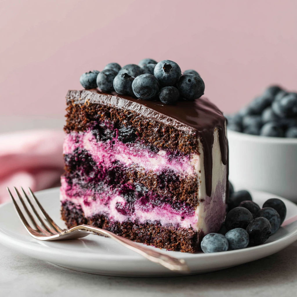 A slice of layered blueberry chocolate cake.
