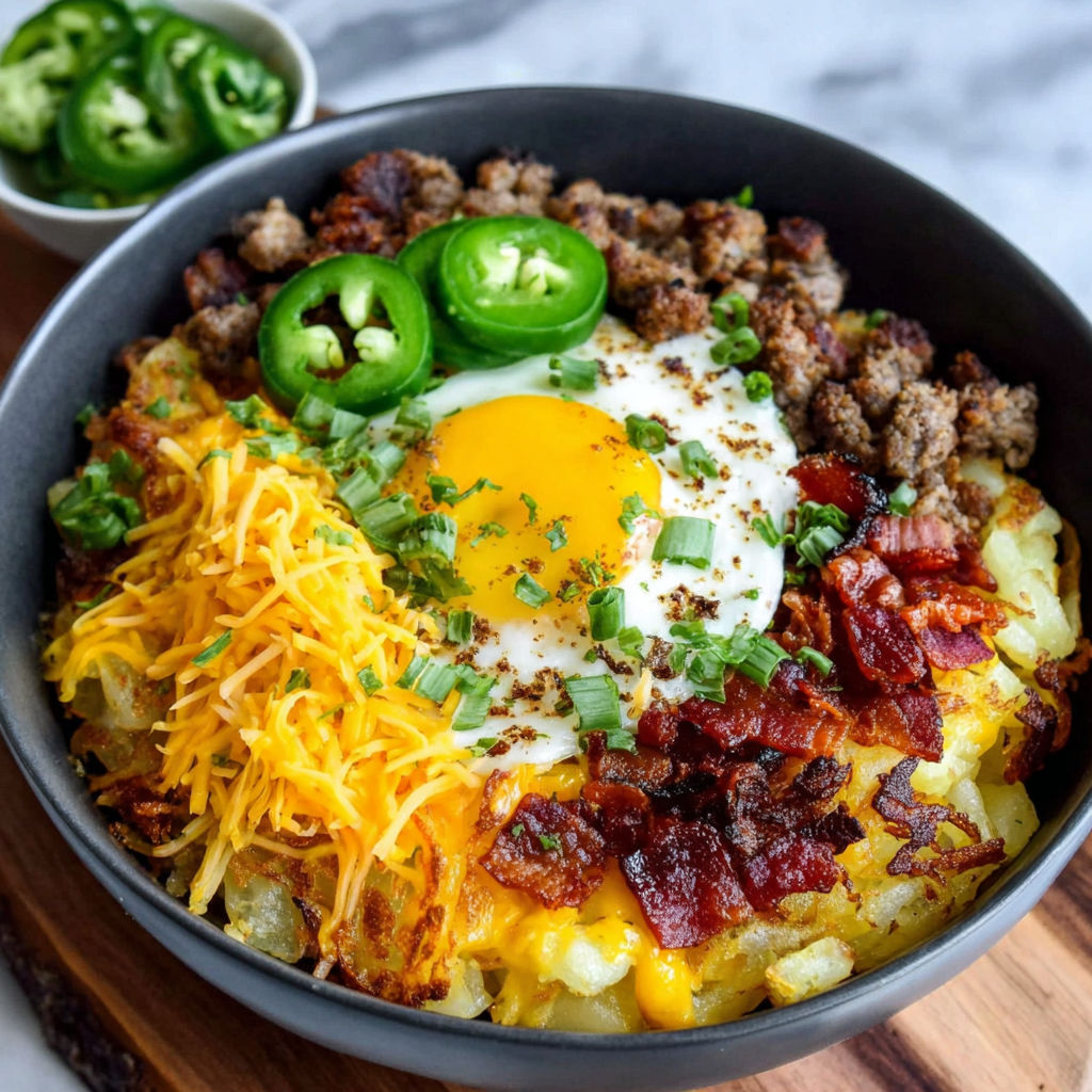 A bowl of food with a fried egg on top.