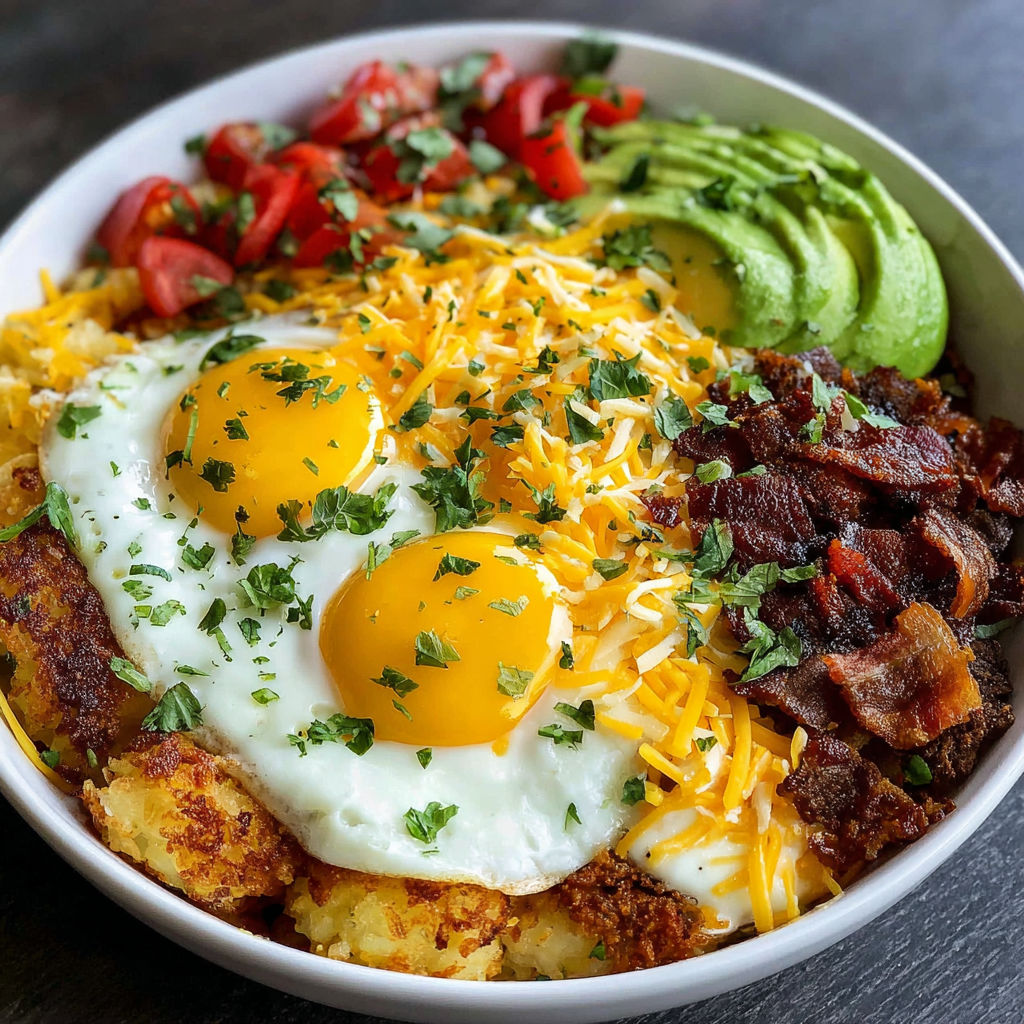 A bowl of food with eggs, sausage, and bacon.