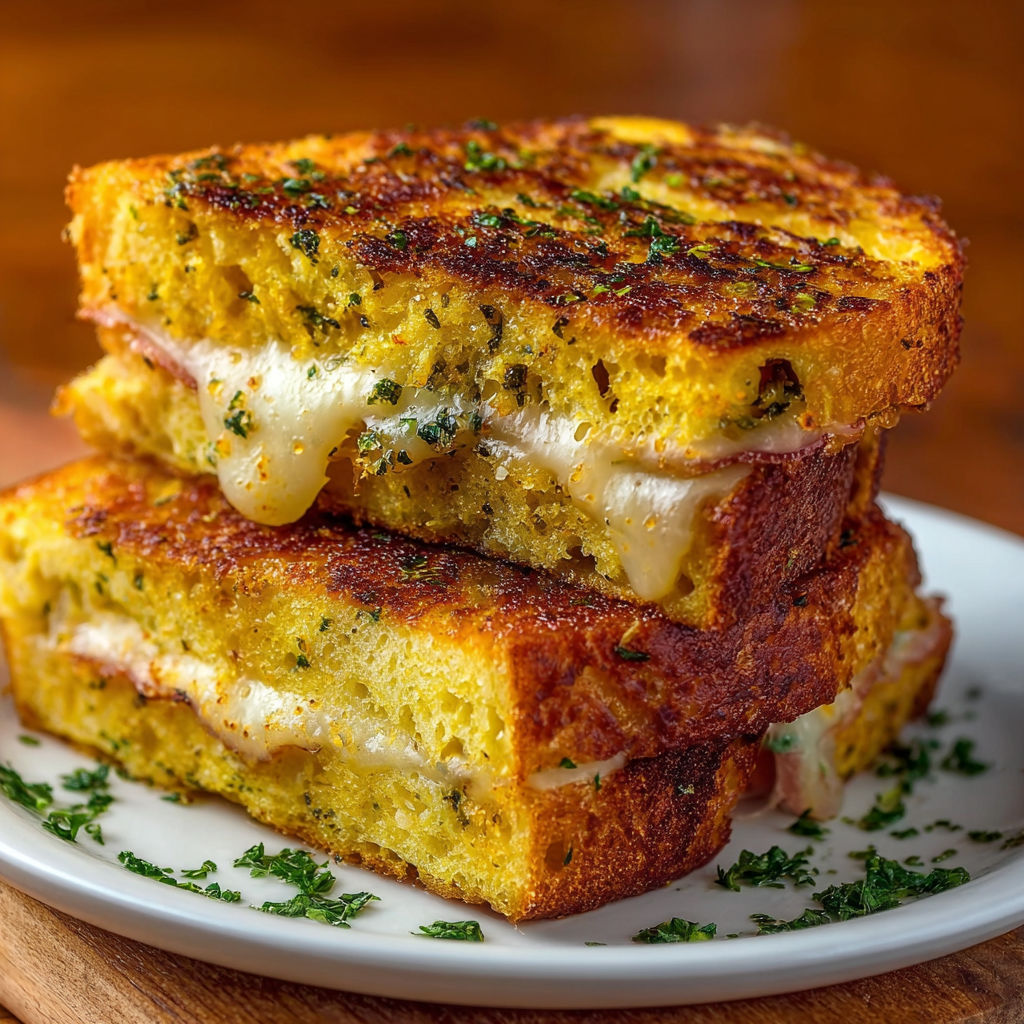 Two pieces of cheese and ham sandwiches stacked on top of each other.