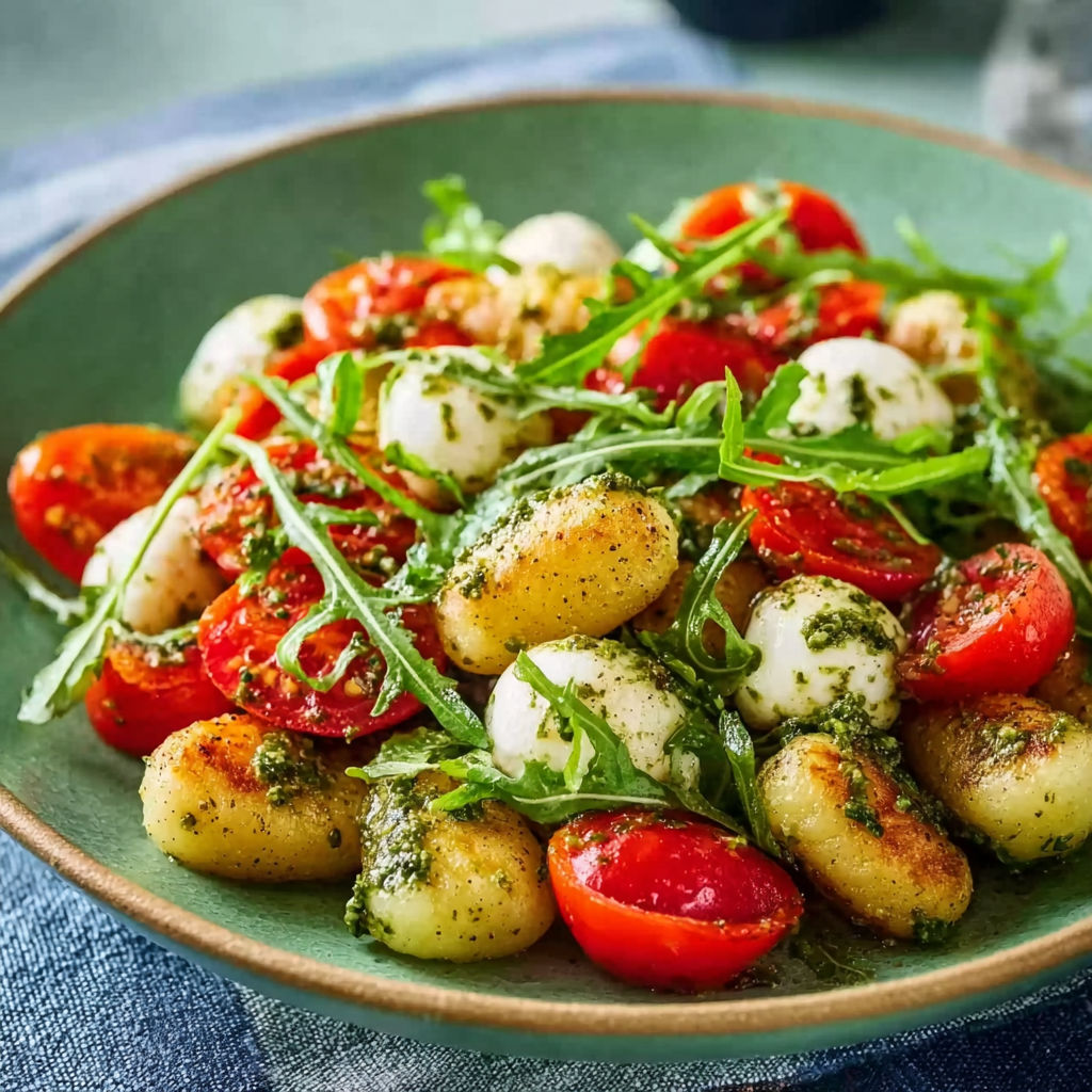 A bowl of roasted gnocchi salad with basil pesto, tomatoes, mozzarella, and arugula.