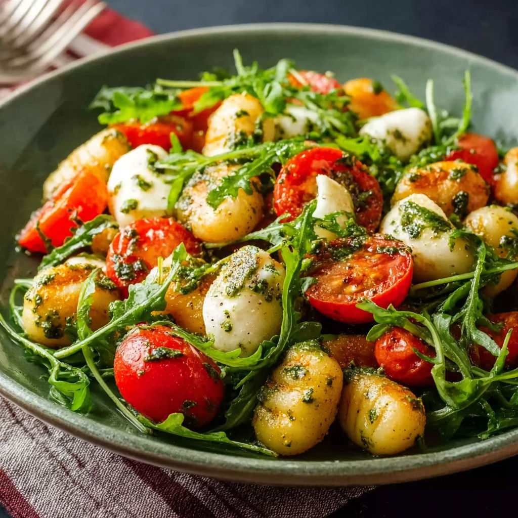 A bowl of roasted gnocchi salad with basil pesto, tomatoes, mozzarella, and arugula.