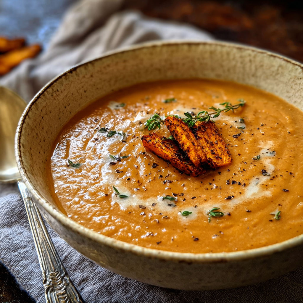 A bowl of roasted Italian sweet potato soup.