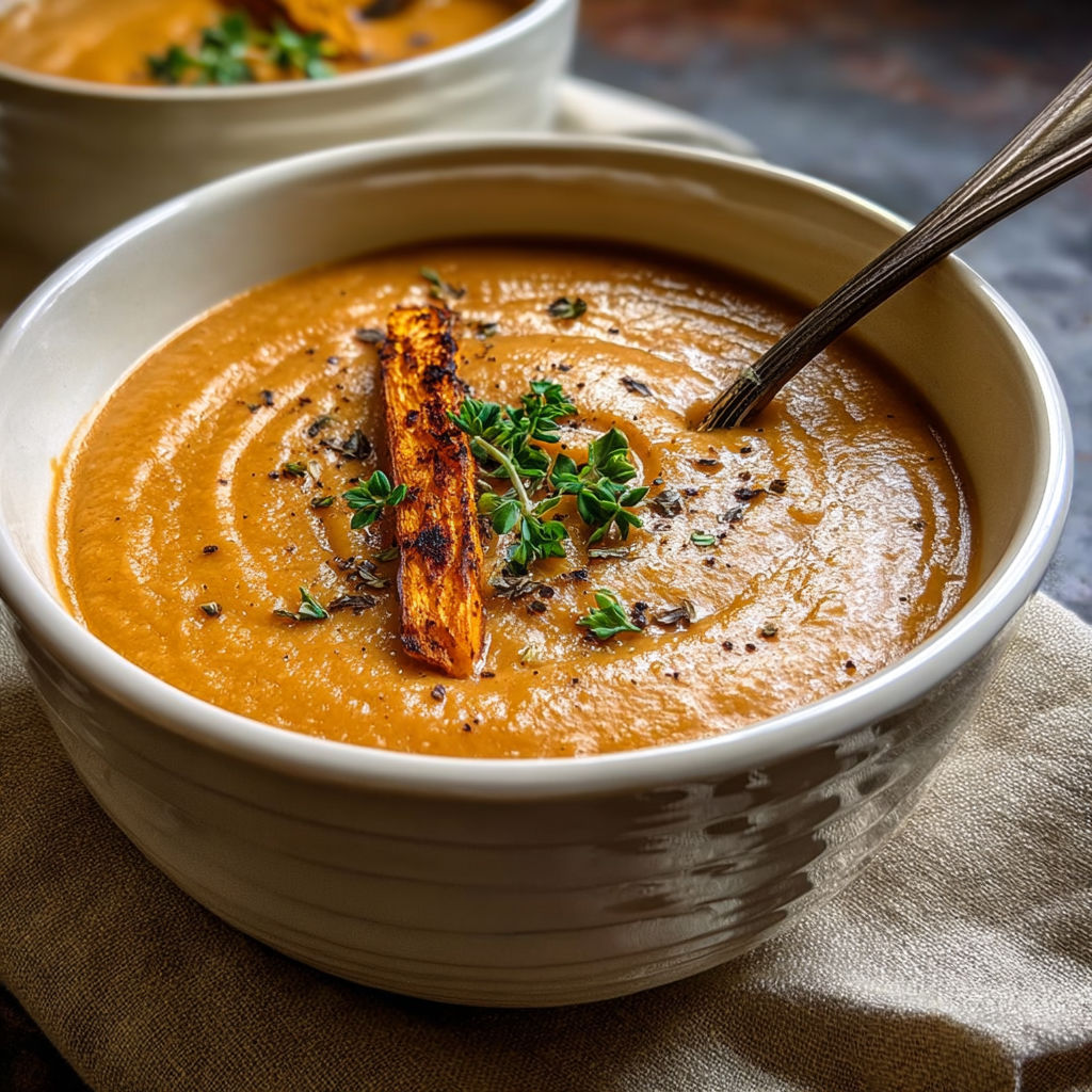 A bowl of soup with a spoon in it.