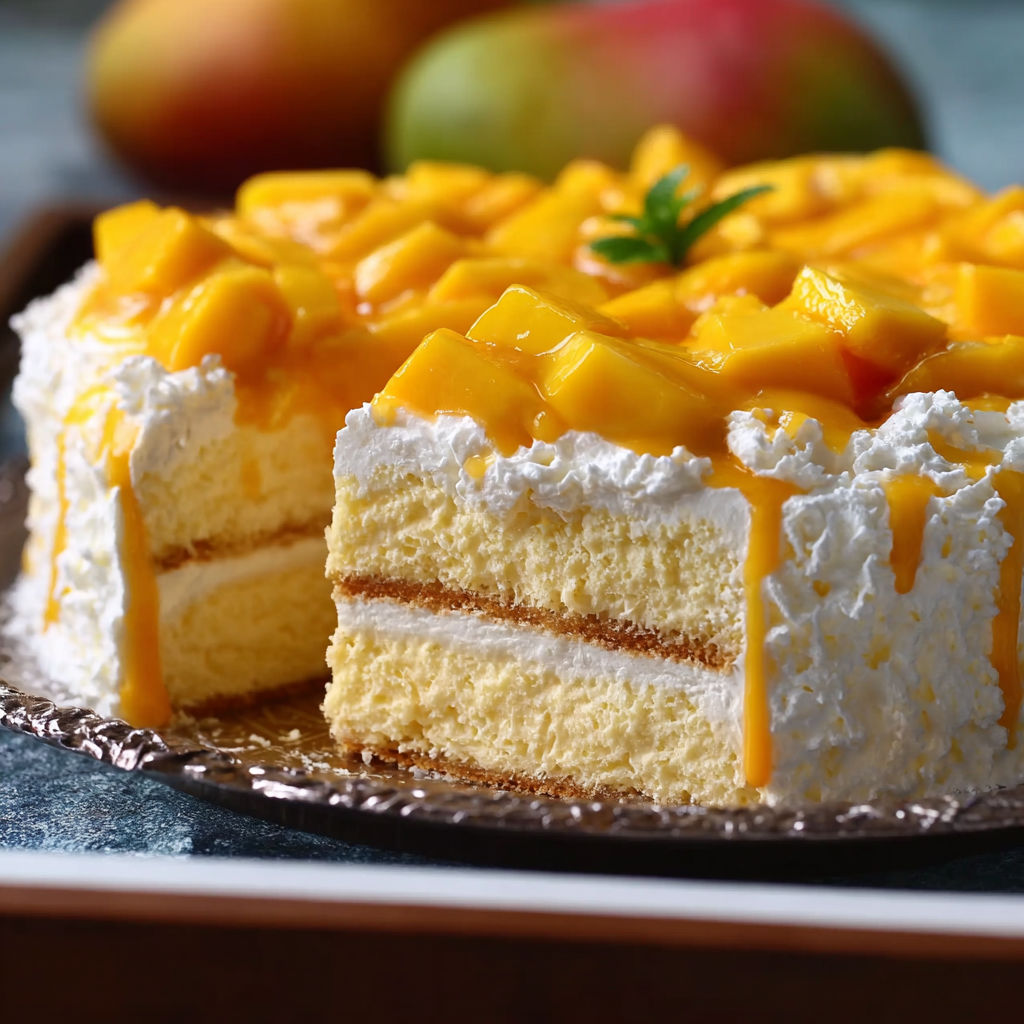 A slice of mango tres leches cake.