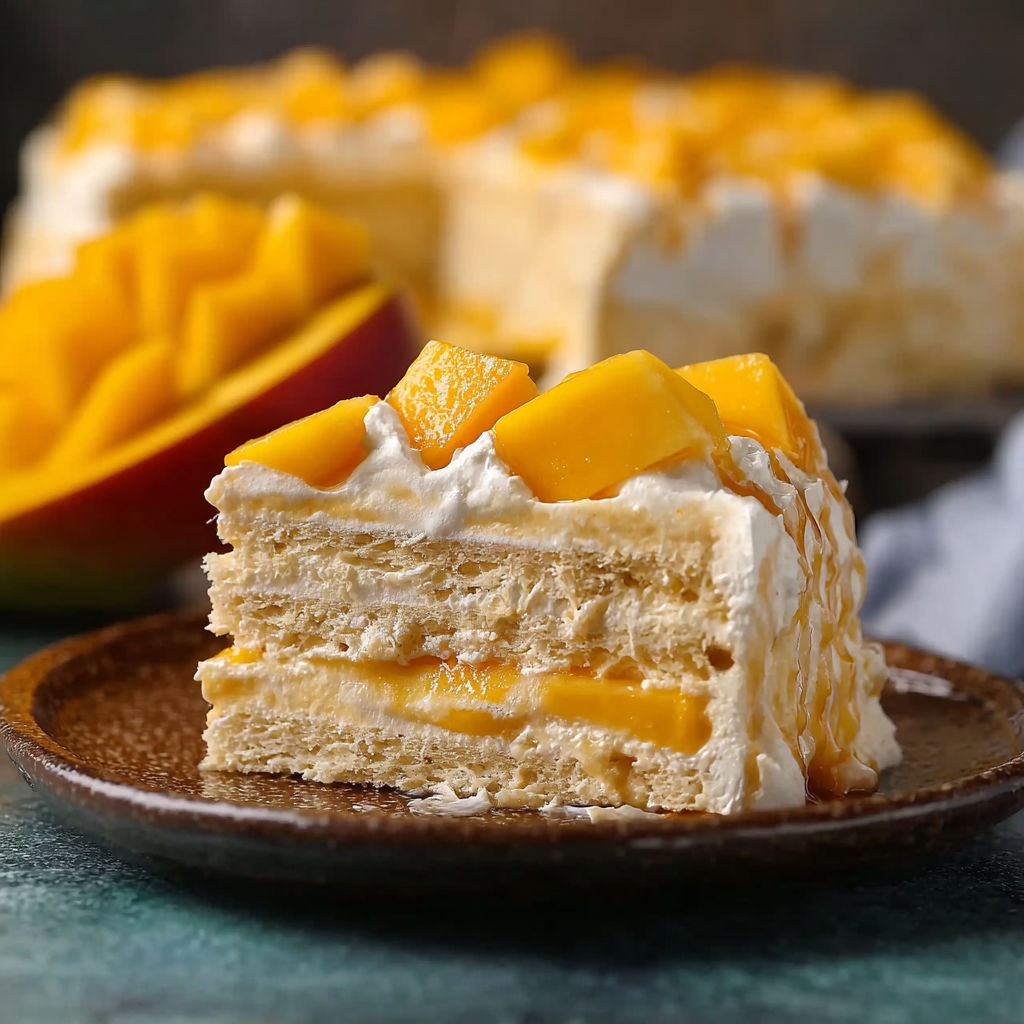 A slice of mango tres leches cake on a plate.