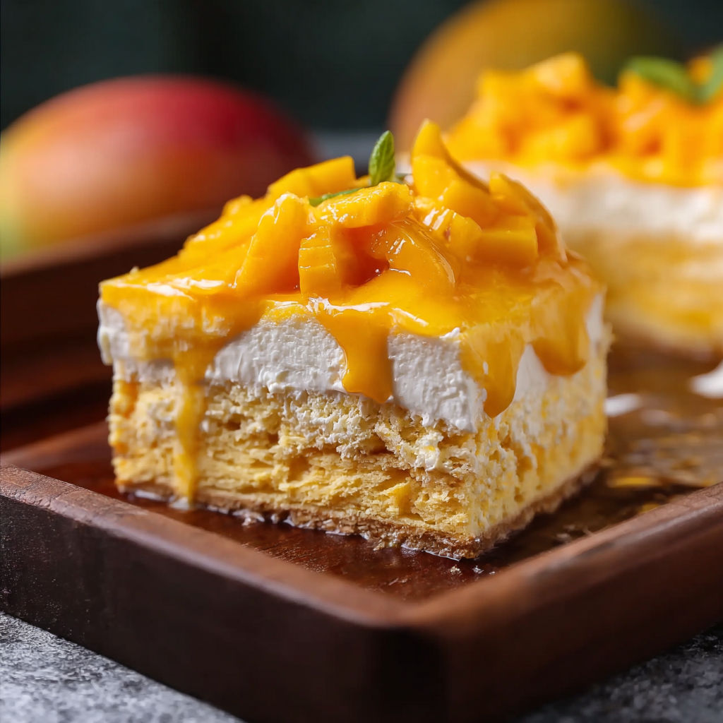 A slice of mango tres leches cake on a wooden plate.